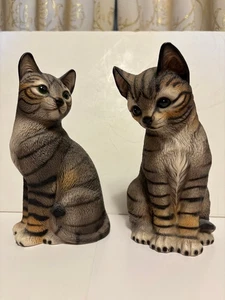 GLOBAL ART/HARVEY KNOX KINGDOM, TWO TABBY CATS, TALL FIGURINES, JAPAN - Picture 1 of 18