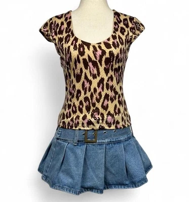 Vintage Y2K Leopard Print Top Size Small Sequin Sweetheart Neck Mcbling Coquette - Image 1 of 3