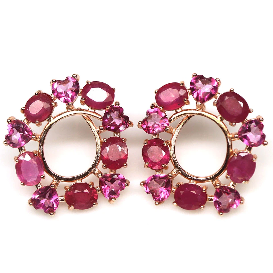 Pendientes de piedras preciosas de topacio místico rosa y rubí rojo plata 925 oro rosa  Foto 1 de 4