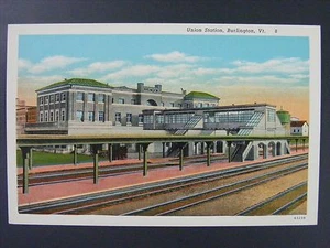 Cartolina Burlington VT Union Station treno ferrovia metà secolo lino anni 30-40 - Foto 1 di 2