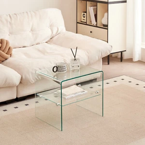 Clear Tempered Glass Side Table with Shelf Small End Table for Living Room - Picture 1 of 7