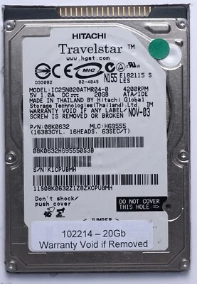 Hitachi Travelstar 20GB IDE 2.5" Laptop HDD Model IC25N020ATMR04-0 P/N: 08K0632 - Image 1 of 2
