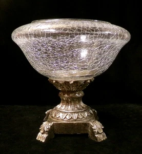VINTAGE DECORATIVE CRACKLED GLASS and CARVED RESIN PEDESTAL BOWL - MSRP $49.99 - Picture 1 of 7