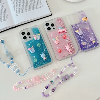 For iPhone Samsung Quicksand 3D Milk Tea Rabbit Case +Bracelet Phone Cover Girl - Image 1 of 4