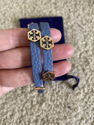 Nuovo Bracciale Tory Burch Hex Sottile Doppio Involucro Blu Oro