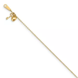 14k 14kt Gelbgold Herz und Schlüssel Fußkettchen 10 Zoll x 0,8 mm - Bild 1 von 4