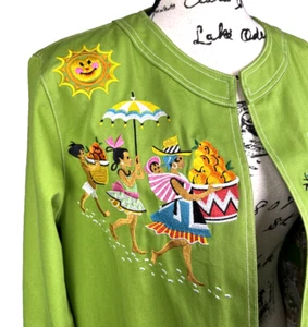 Bob Mackie Charteruse Jacket Sz M Embroidered Folk Art Carnival Vtg Wearable Art - Picture 1 of 20
