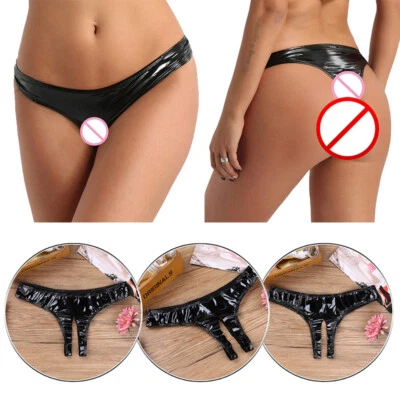 Damen Glänzend Ouvert Slip Lack Leder Schritt offen G-String Panties Unterwäsche - Bild 1 von 4