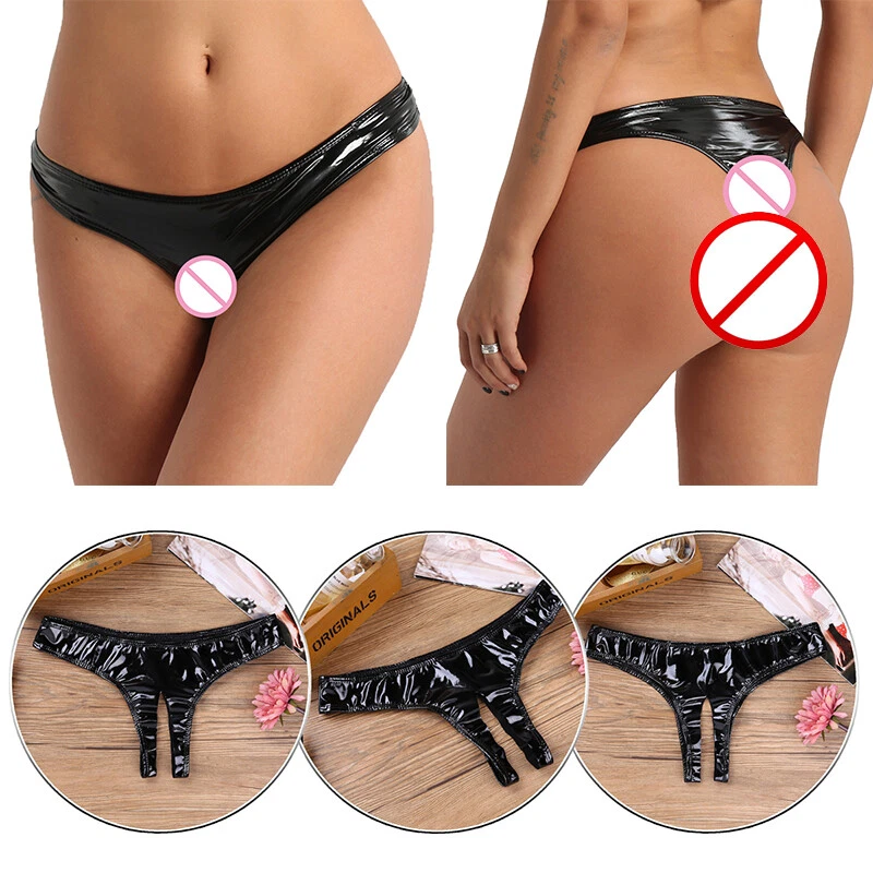 DE Damen Glänzend Slip Lack Leder Schritt offen G-String Panties Unterwäsche