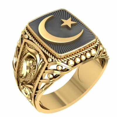 Anillo Musulmán Media Luna Islam, Estrella de Luna Islámico Para Hombre Joyería de Latón Talla 6-15  Foto 1 de 4