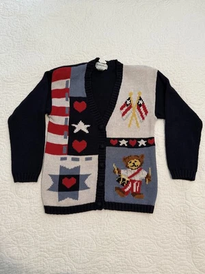 Suéter Vintage Alexandra Bartlett Oso de Peluche Patriótico América Bandera Botón Talla M Foto 1 de 4