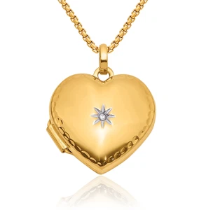 14K Solid Two Tone Gold Diamond Heart Photo Locket Necklace - Picture 1 of 45