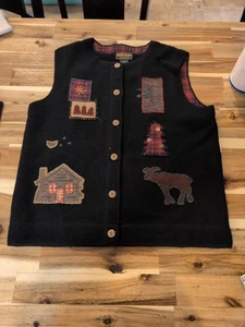 Chaleco Woolrich De Colección M Moose Bordado Negro Lana Retazos Cabaña Vacaciones - Imagen 1 de 13