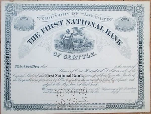 First National Bank of Seattle WA 1880 Certificato Stock, Territorio di Washington - Foto 1 di 1