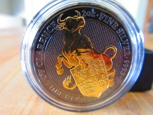 2018 THE BULL Queen's Beasts 2 oz Silver Coin £5 UK w/ 24K Gold Black Ruthenium - Bild 1 von 5