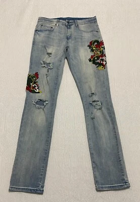 Pantalones de mezclilla Y&R Young Reckless Dragon Patch para hombre 30 azules rasgados desgastados Foto 1 de 4
