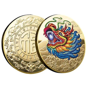 Moneda Dragón Zodiaco Año Nuevo Chino Moneda Conmemorativa Doble Cara (Oro) - Imagen 1 de 10