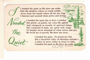 ©1944 Postcard I Needed the Quiet Alice Mortenson Central Alliance Church-PP6 - Picture 1 of 2