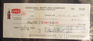 VTG Collectible Rare 1967 Coca-Cola Canceled Check, Camden, ARK - Picture 1 of 6