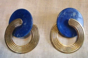 Earrings Interlocking Circles Retro Goldtone Ribbed Faux Lapis Posts - Picture 1 of 7