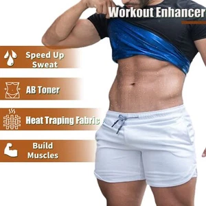 MEN Sauna T-shirt Heat Trapping Sweat Suit Gym Short Sleeve Workout Tank Top Hot - Picture 1 of 14