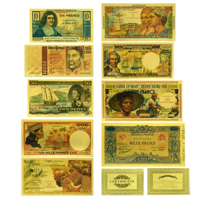 9pcs French Countries Gold Foil Plastic Banknotes Francs Collectibles Moeny Set - Image 1 of 4