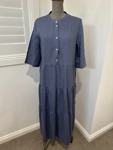 Blue Illusion 100% Linen Flowy Tiered Long Dress Modest Shell Buttons Boho M L - Picture 1 of 15