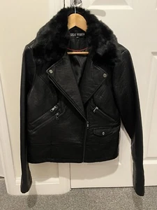 Steve Madden Ladies Faux Leather Jacket & Removable Fur Collar Size Large - Picture 1 of 5