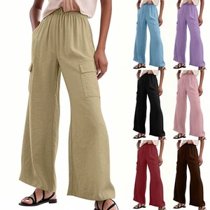 Womens Cargo Pants Comfy Wide Leg Trousers Pocket Sports Drawstring Lounge Pants - Picture 1 of 34