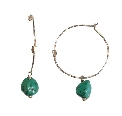 Vintage Sterling Silver Turquoise Hoop Earrings 925 Artisan Made 1.4" 7541 - Image 1 of 4