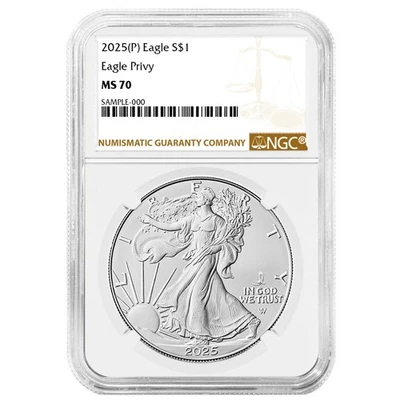 2025 (P) $1 American Silver Eagle First Eagle Privy NGC MS70 Brown Label - Image 1 of 3
