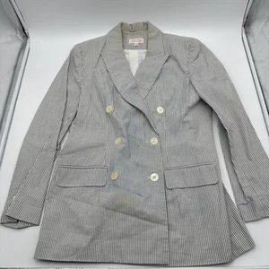 VTG Brooks Brothers Seersucker Blazer Women 12 Blue Striped Flawed Made In USA - Picture 1 of 19