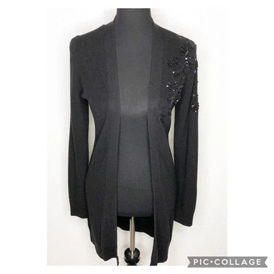 Cárdigan WHBM Negro Floral Lentejuelas Embellecido Mezcla Lana Frente Abierto Extra Pequeño Foto 1 de 4