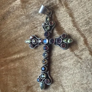 ๐ Nicky Butler Large Sterling 925 Multi-Gem Cross Pendant โ๏ธ Boho Spiritual - Picture 1 of 7