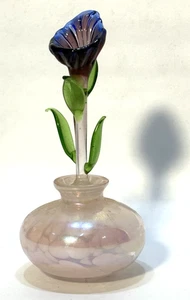 Vintage White Iridescent Blown Glass Perfume Bottle With Purple Flower Stopper - Picture 1 of 8