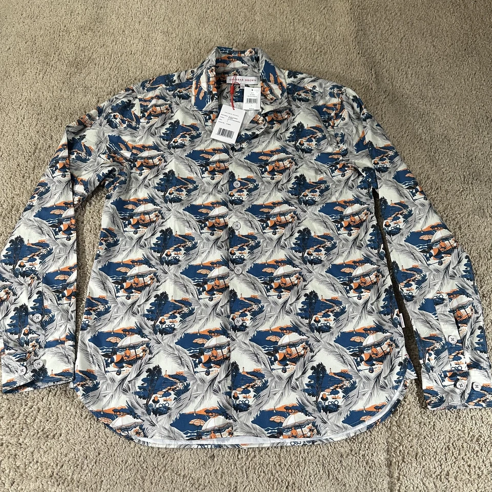 Camisa Orlebar Marrón Para Hombres Grande Aleación Aqua Giles Verano Escenas Estampado Algodón Nueva con Etiquetas Foto 1 de 4