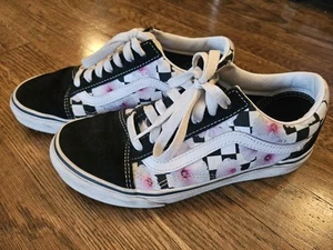 VANS Flower floral checker pink black 5.5 mens 7 womens stripe leather SHOE - Picture 1 of 5