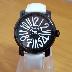 Mens Ladies White Leather Black Retro Pop-Art Pocket Watch Medio PK2036 NEW - Picture 1 of 10