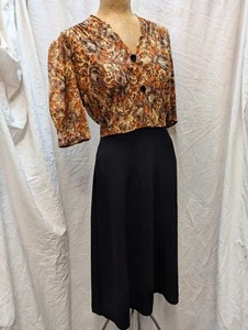 Vintage 1950's Brown Orange Tan Jersey & Black Rayon Dress Size Medium - Picture 1 of 9