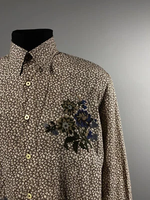 Camisa Rara Paul Smith Para Hombres Beige Marrón Bordada Floral Botón Libertad Talla L Foto 1 de 4