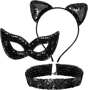 Schwarze Katze Kostüm Zubehör Katze Frau Kostüm für Damen Halloween Pailletten Masq - Bild 1 von 12