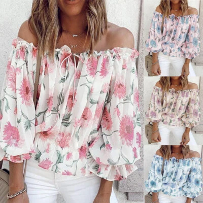 Ladies Lace-up Bardot Off Shoulder Blouse Floral Chiffon Tops Summer Shirts Size - Image 1 of 4