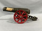 Vintage 9”Long Cast Iron Big Bang Cannon Dark Green With Red Wheels