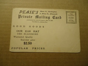 Ad postcard Private Mailing Card Pease's hats circa 1898 The Falls WINOOSKI VT - Picture 1 of 2