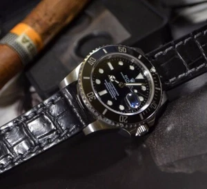 UHRENARMBAND ECHT ALLIGATOR BELLY II SCHWARZ MATT MA STRAP FÜR ROLEX SEIKO ETC - Picture 1 of 12