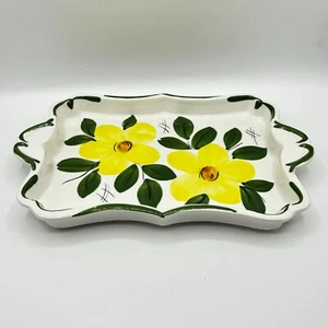 Vintage Art Pottery White Rectangle Tray w/Handles Yellow Flower Florals Vanity - Picture 1 of 8