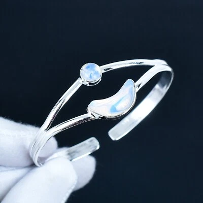 Milky Opale Gemma Fatto a Mano 925 Argento Sterling Aperto Polsino Braccialetto - Immagine 1 di 4