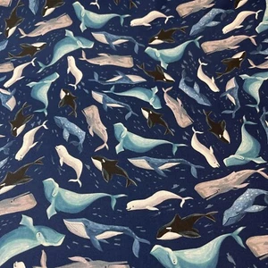 Illuminary Sea Patriot Whales Cotton Fabric - FQ Fat Quarter Or Continuous Cut - Picture 1 of 12