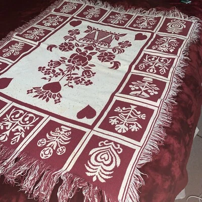 Cottagecore  Burgundy & Ivory Weavers Flowers And  Hearts Tapestry Throw Blanket - Image 1 of 4