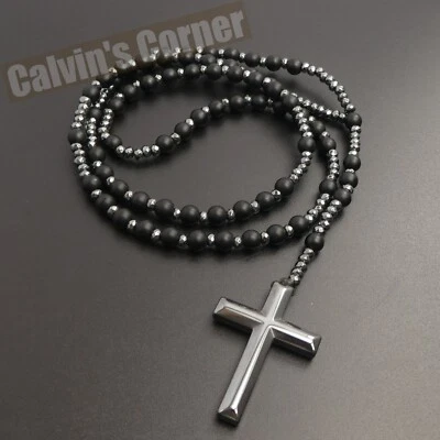 Matte Black Onyx Hematite Rosary Necklace Catholic Christ Cross Men Women Gift - Image 1 of 4